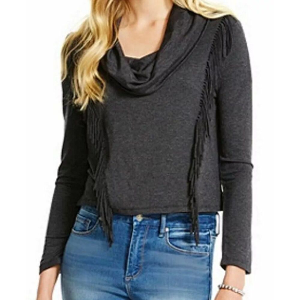 JESSICA SIMPSON Charcoal Gray Katie Fringe Cowl Neck Sweater Sz M